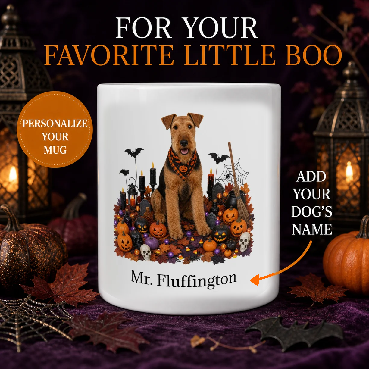 Personalized Airedale Terrier Halloween mug with custom dog name and spooky fall design