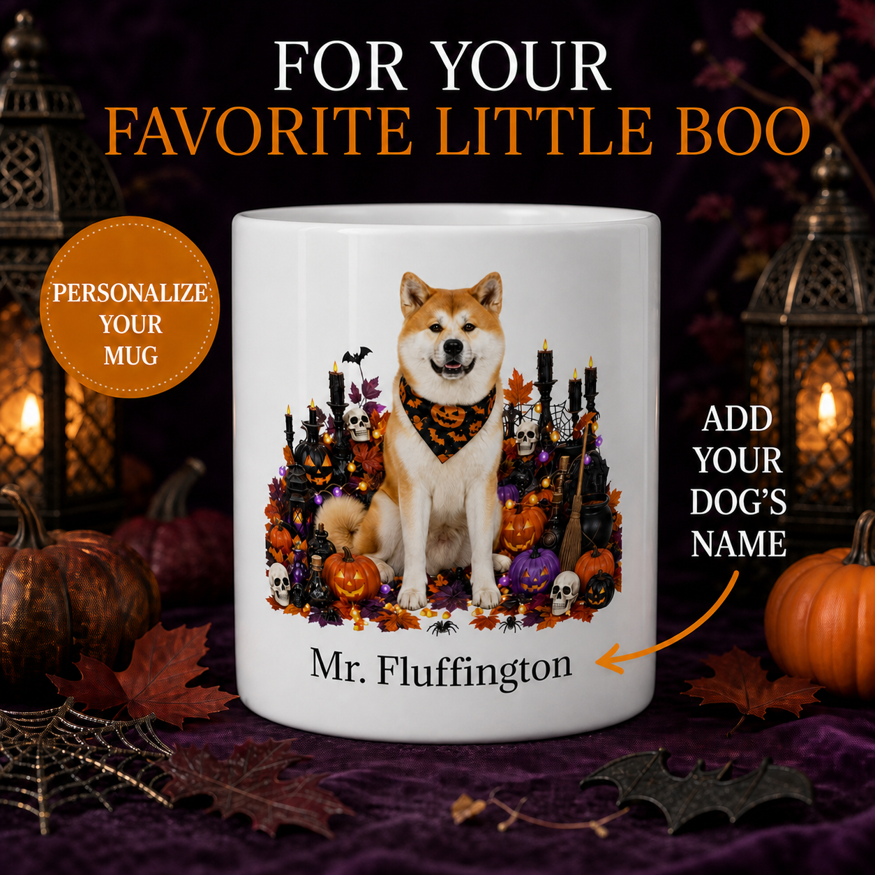 Personalized Akita Halloween Mug with custom name in a premium Halloween lantern and pumpkin display