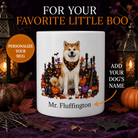 White Akita dog Halloween mug with custom pet name and spooky fall artwork — image 1