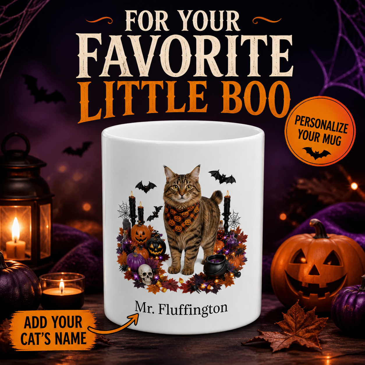 White American Bobtail cat Halloween mug with custom pet name and spooky fall artwork — image 1