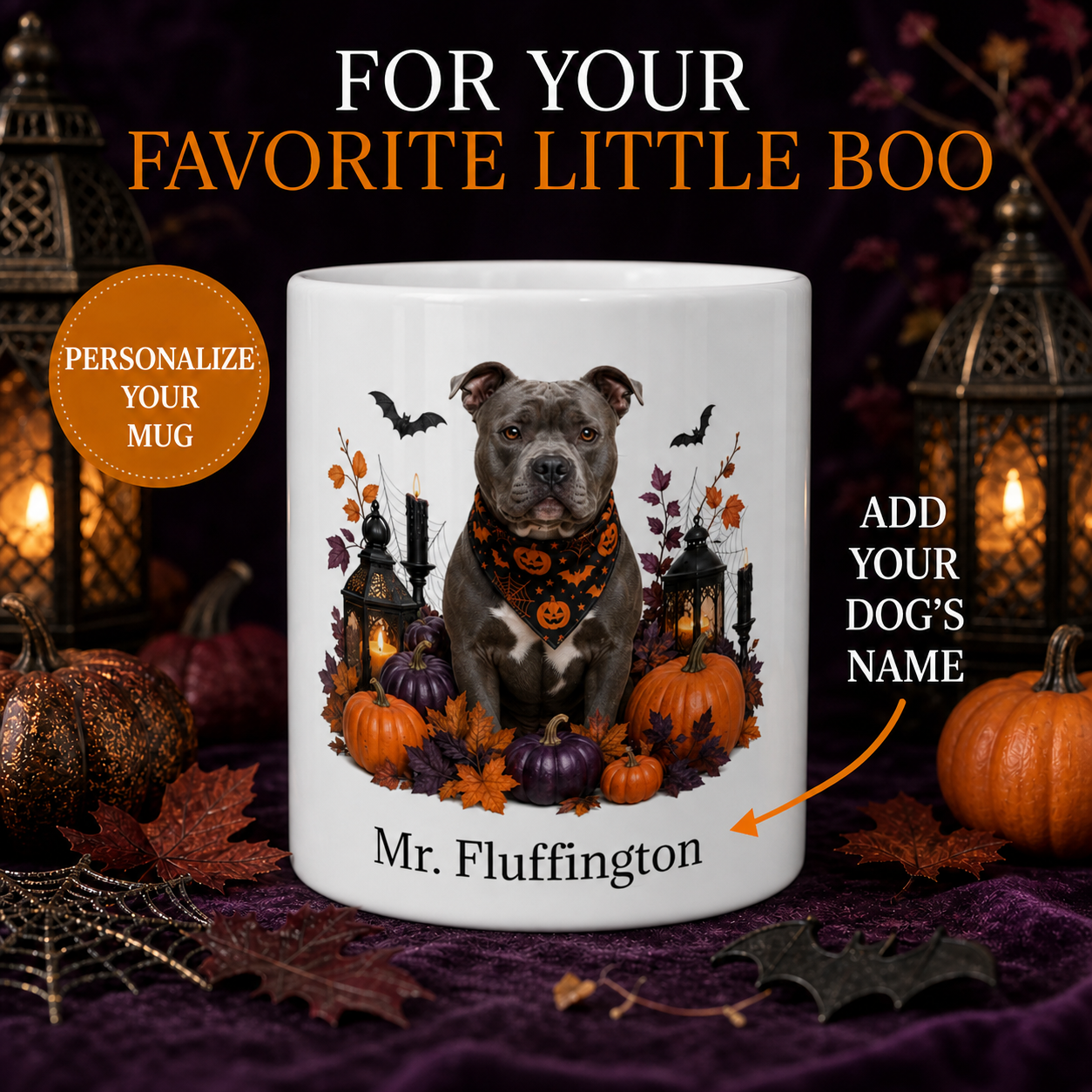 Personalized American Bully Dog Mug with custom name in a premium Halloween display