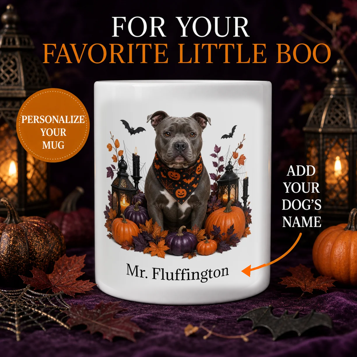 Personalized American Bully Halloween mug with custom dog name and spooky fall design