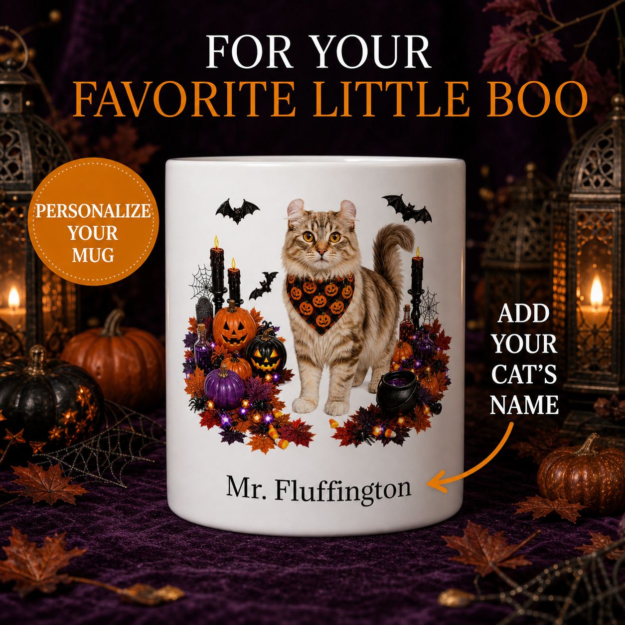 White American Curl cat Halloween mug with custom pet name and spooky fall artwork — image 1