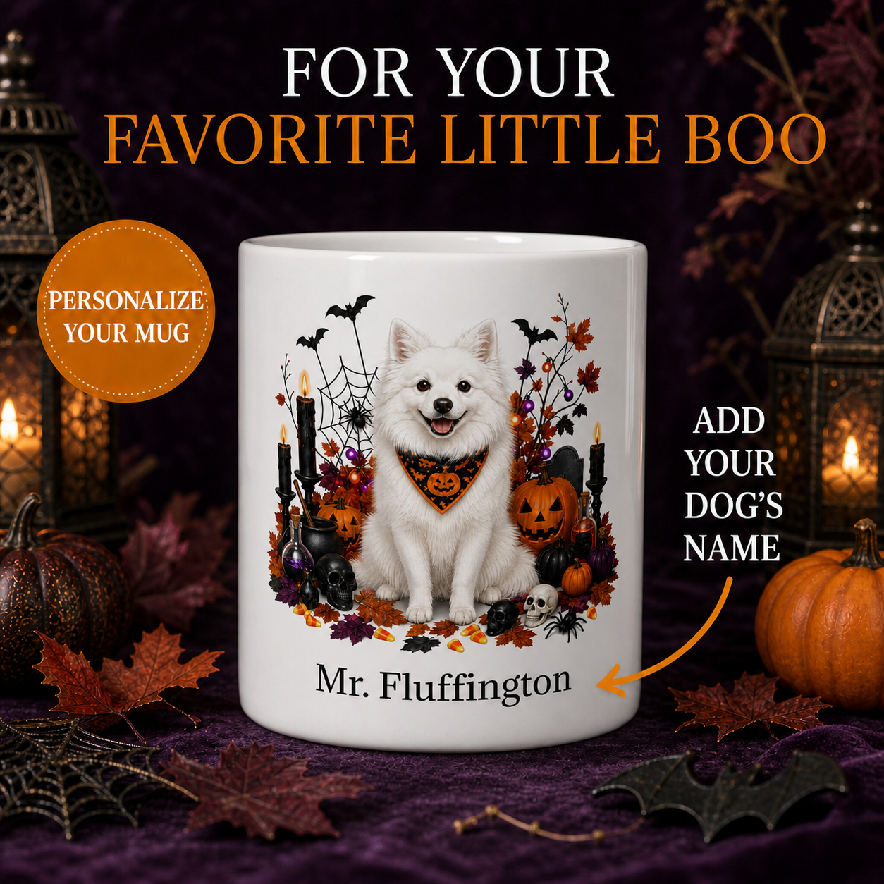 Personalized American Eskimo Halloween Mug with custom name in a premium Halloween display