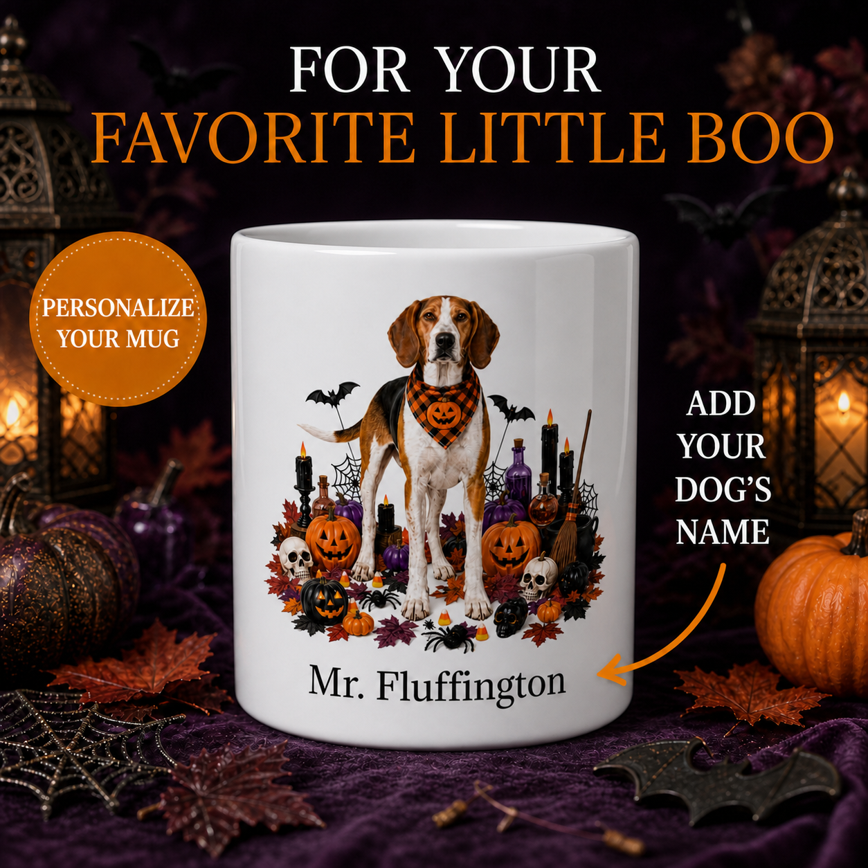Personalized American Foxhound Halloween Mug – Custom Dog Name Gift promotional hero showing personalized dog mug