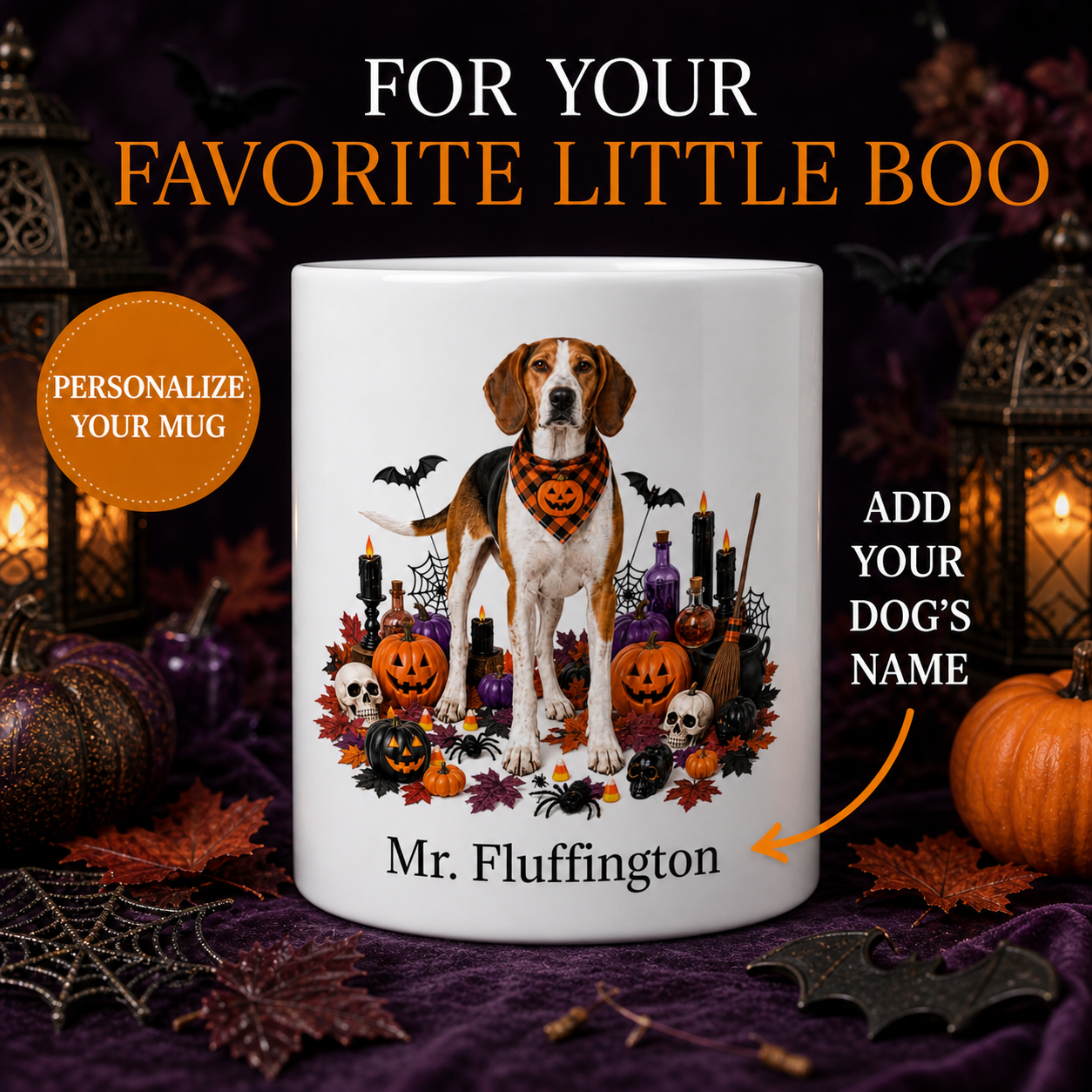 White American Foxhound dog Halloween mug with custom pet name and spooky fall artwork — image 1