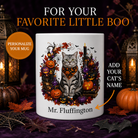 White American Shorthair cat Halloween mug with custom pet name and spooky fall artwork — image 1