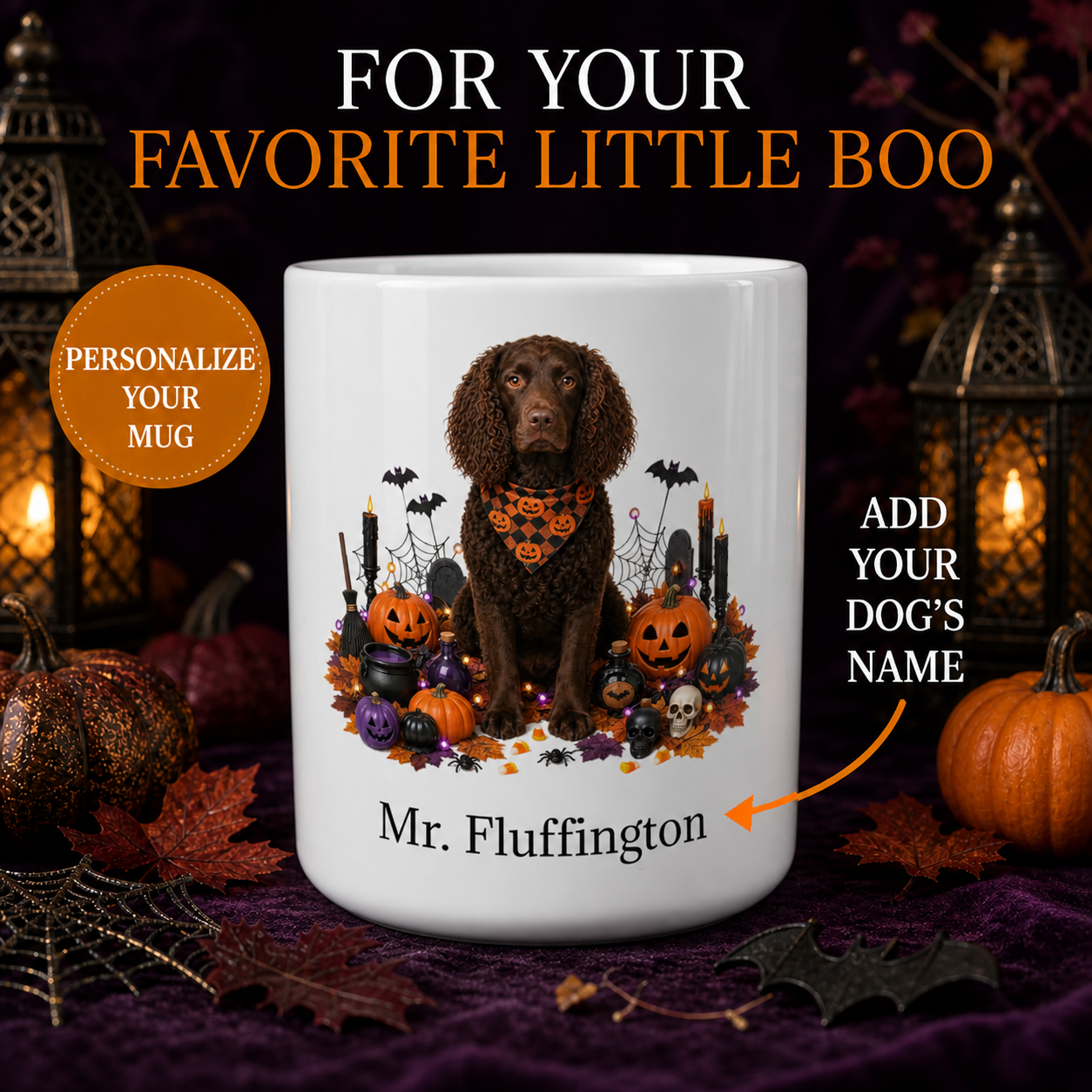 Personalized American Water Spaniel Halloween Mug – Custom Name Gift promotional hero showing personalized dog mug