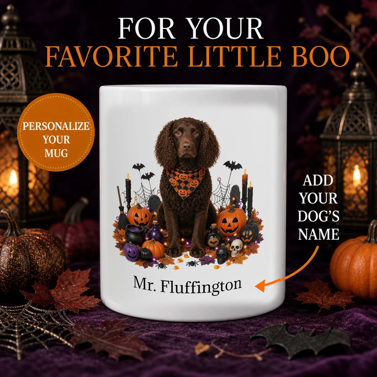 Personalized American Water Spaniel Halloween mug with custom dog name and spooky fall design