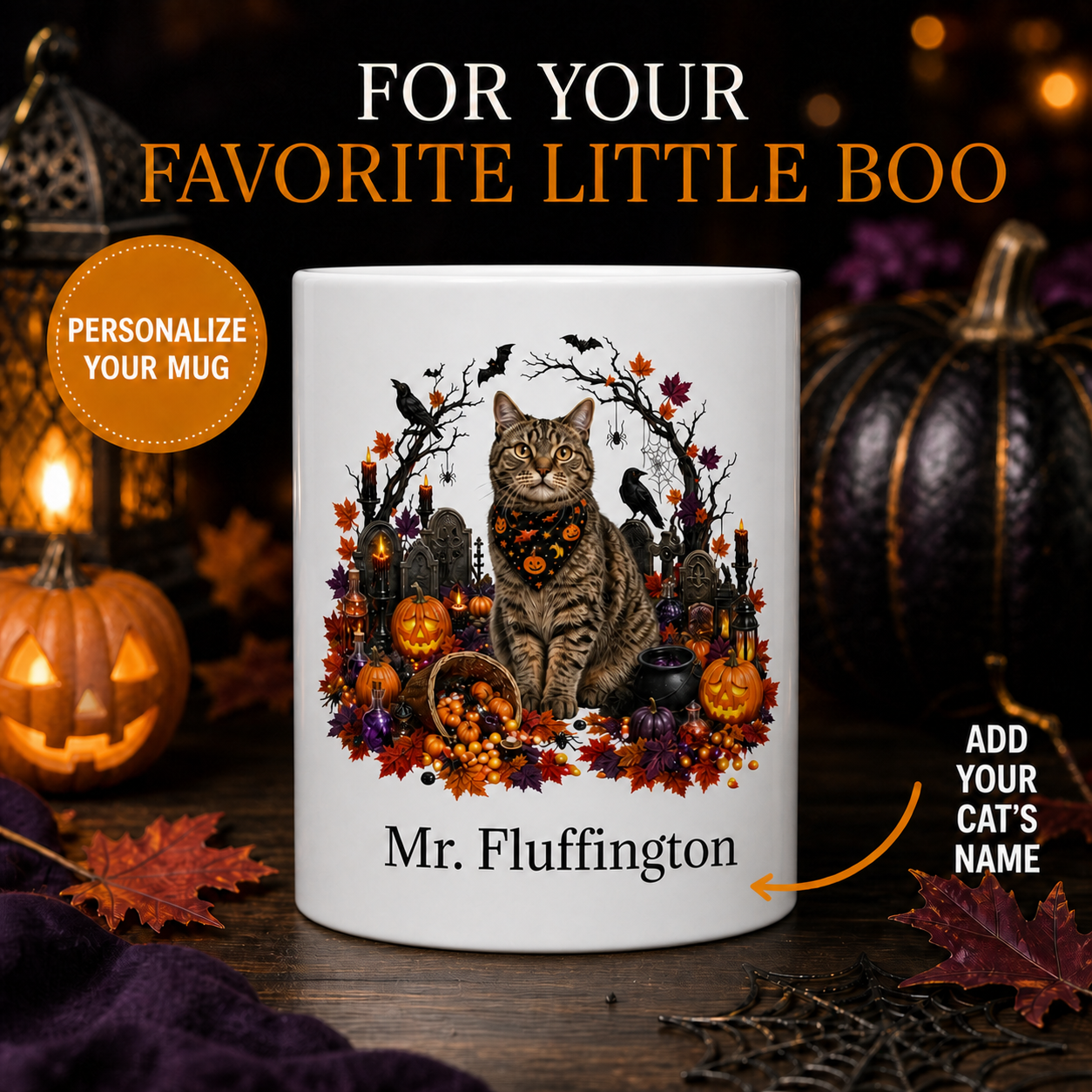 Personalized American Wirehair cat Halloween mug front view with custom name and no visible handle