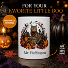 Personalized American Wirehair cat Halloween mug front view with custom name and no visible handle