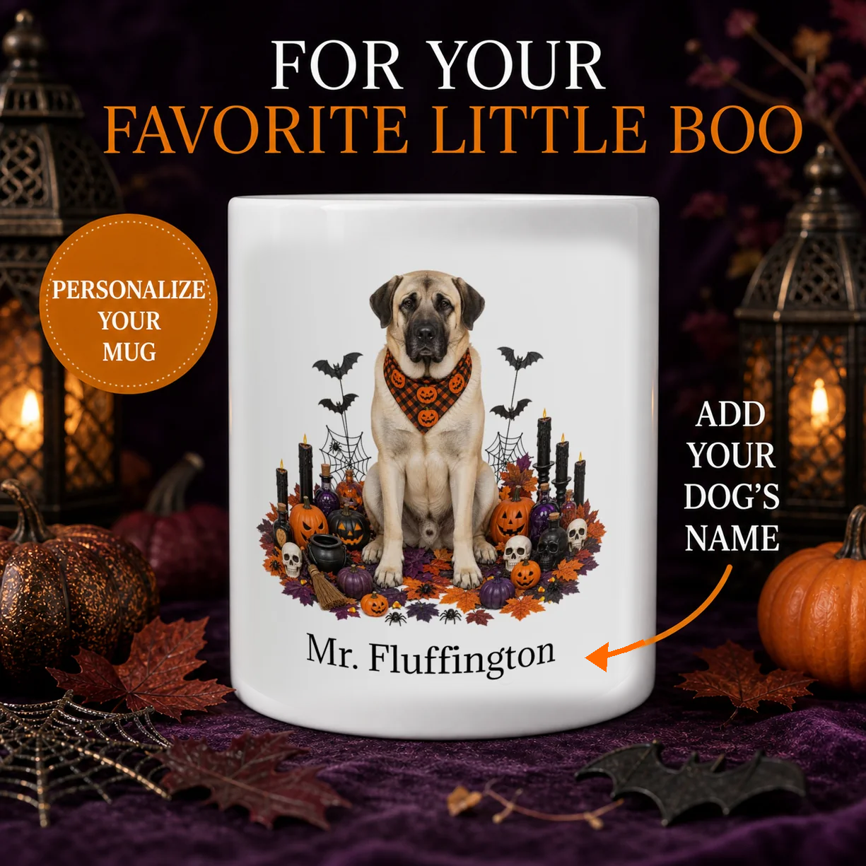 Personalized Anatolian Shepherd Halloween mug with custom dog name and pumpkin display