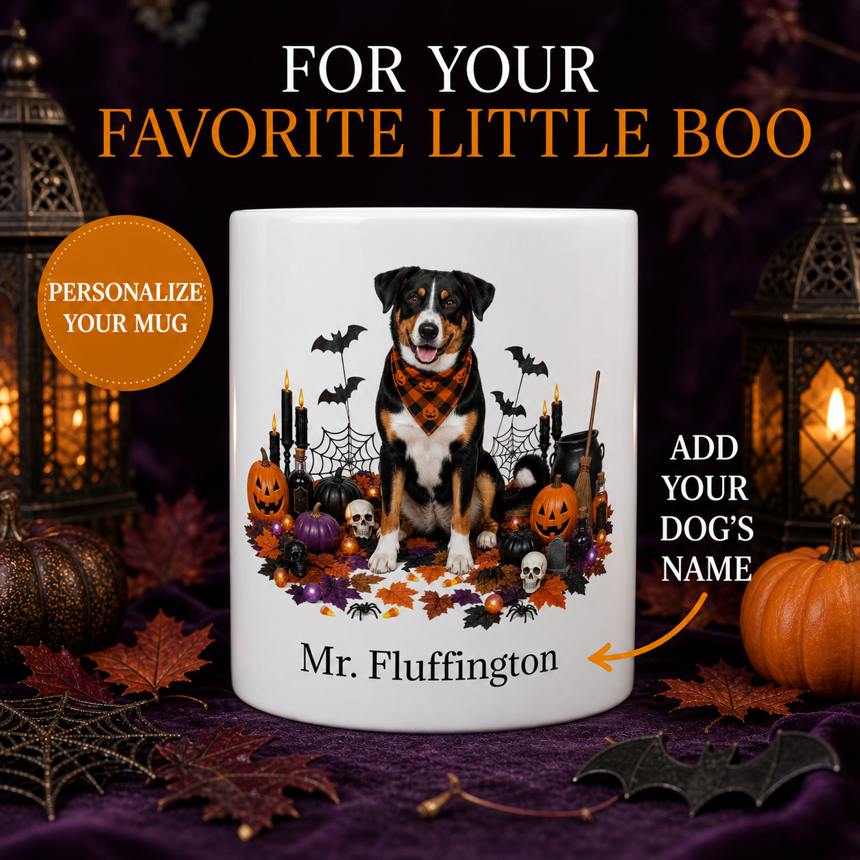 White Appenzeller Sennenhund dog Halloween mug with custom pet name and spooky fall artwork — image 1