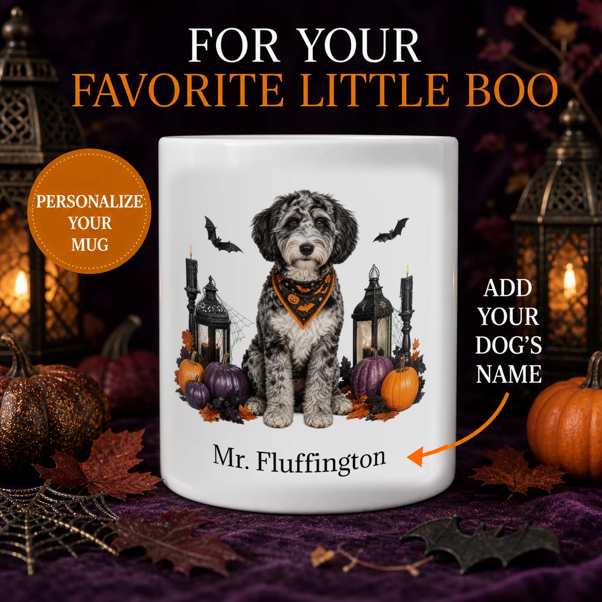Personalized Aussiedoodle Halloween mug with custom dog name and spooky pumpkin design