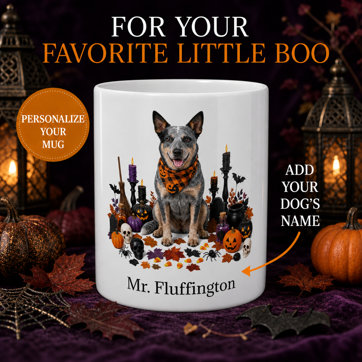 Personalized Australian Cattle Dog Halloween Mug promotional hero showing personalized dog mug