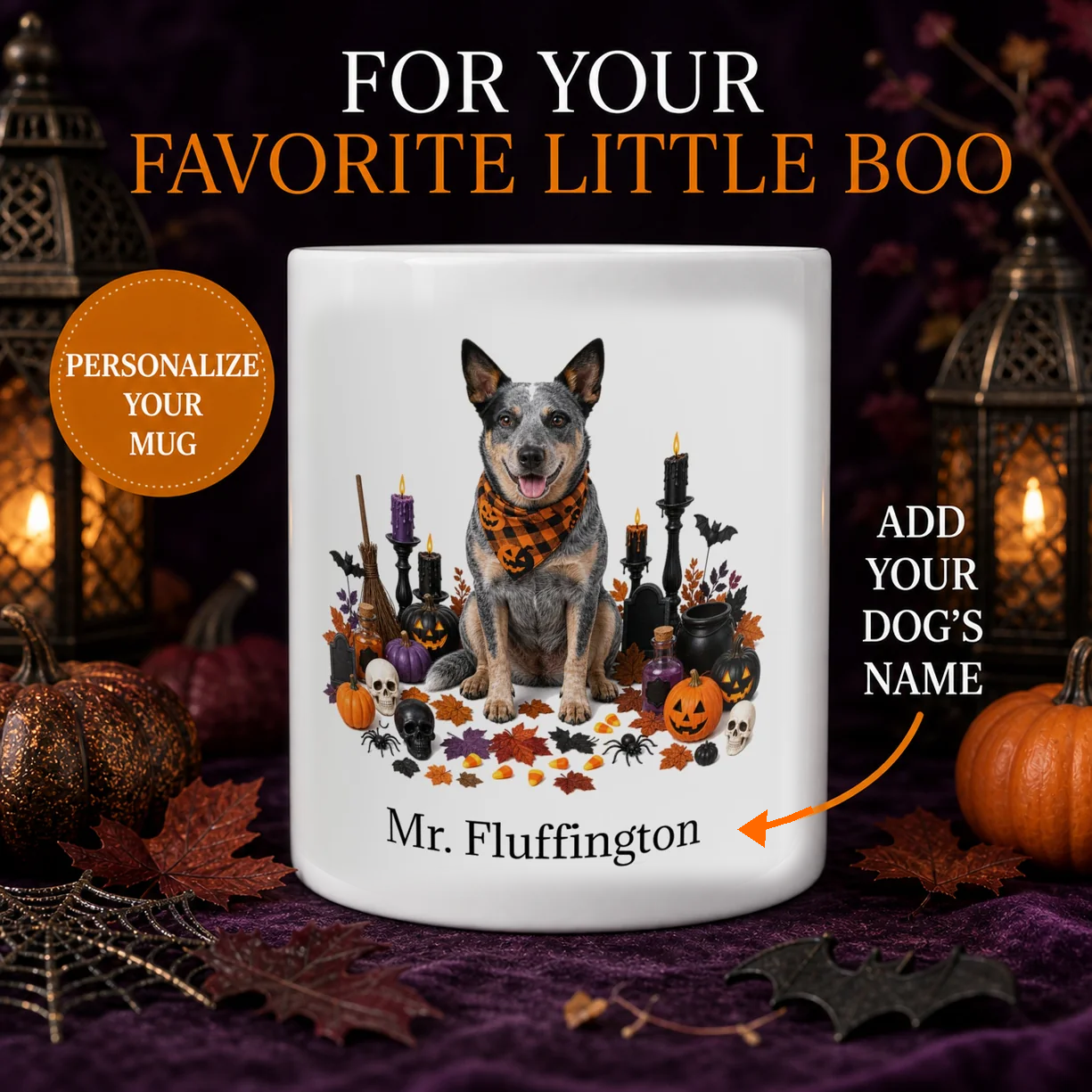 Personalized Australian Cattle Dog Halloween mug with custom name and pumpkin display