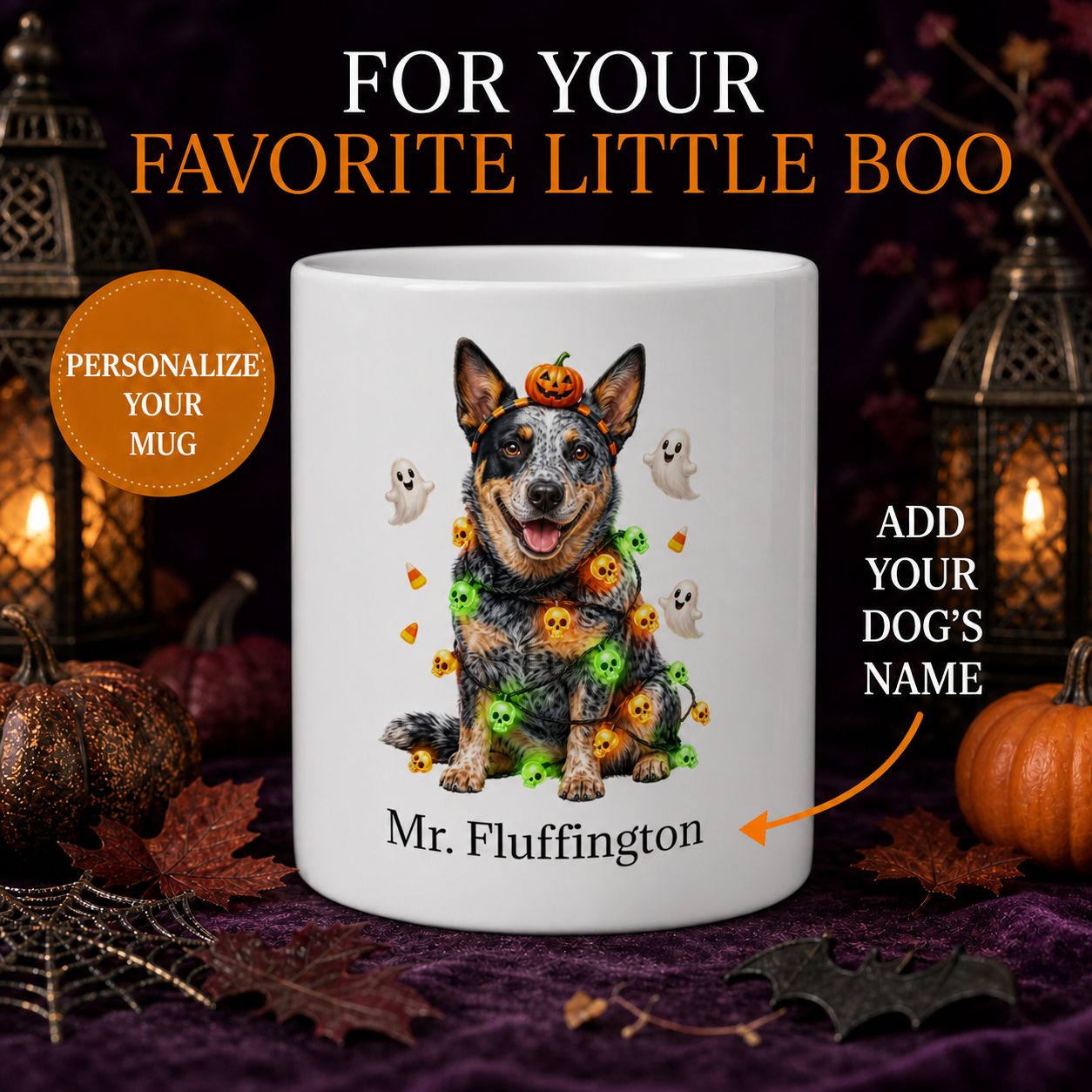 Personalized Australian Cattle Dog Halloween mug with custom name in a premium lantern and pumpkin display