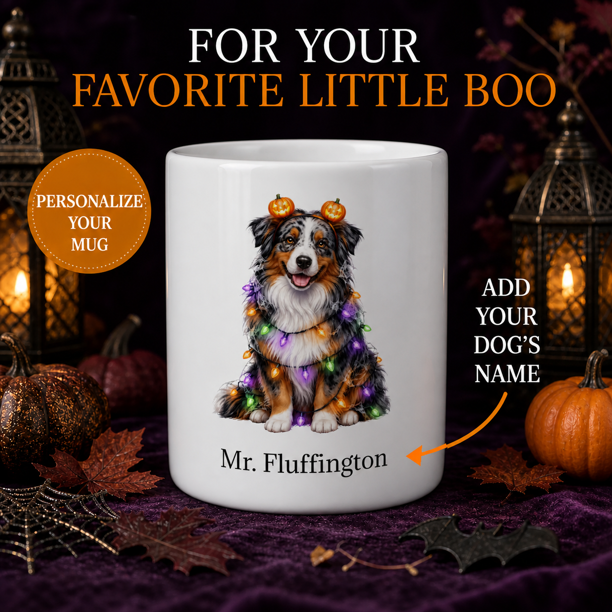 Personalized Australian Shepherd Halloween Mug – Custom Dog Name Gift promotional hero showing personalized dog mug