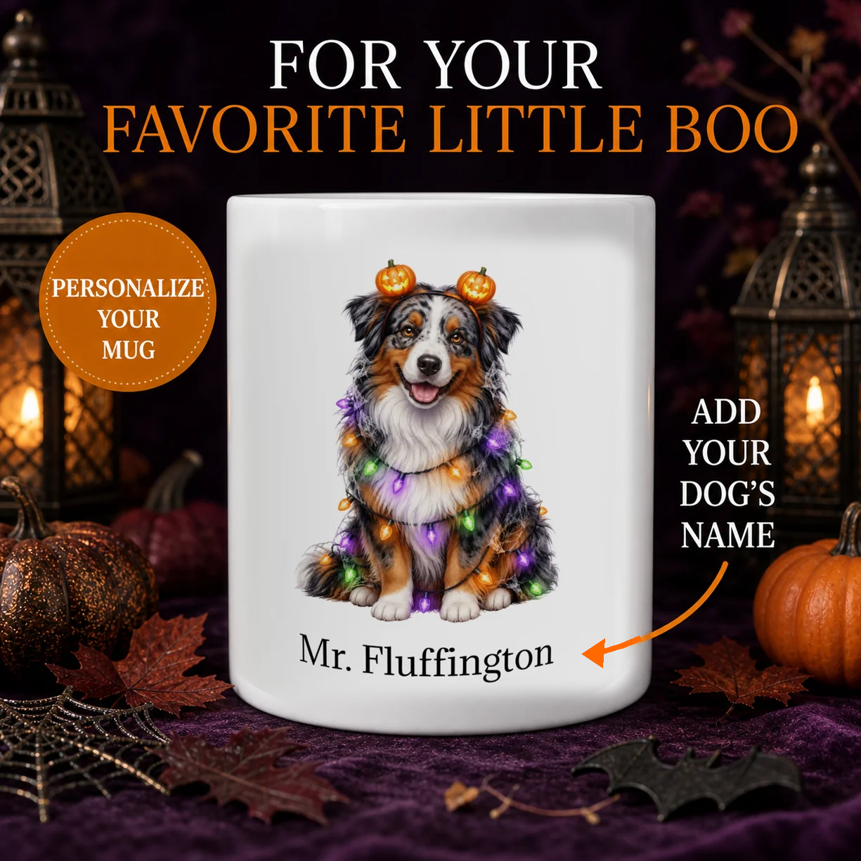 Personalized Australian Shepherd Halloween mug with custom dog name, pumpkin headband, and colorful lights