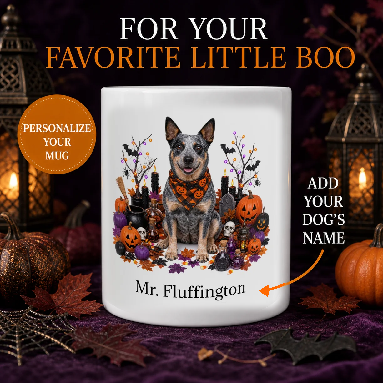 Personalized Australian Stumpy Tail Cattle Dog Halloween mug with custom name and pumpkin display