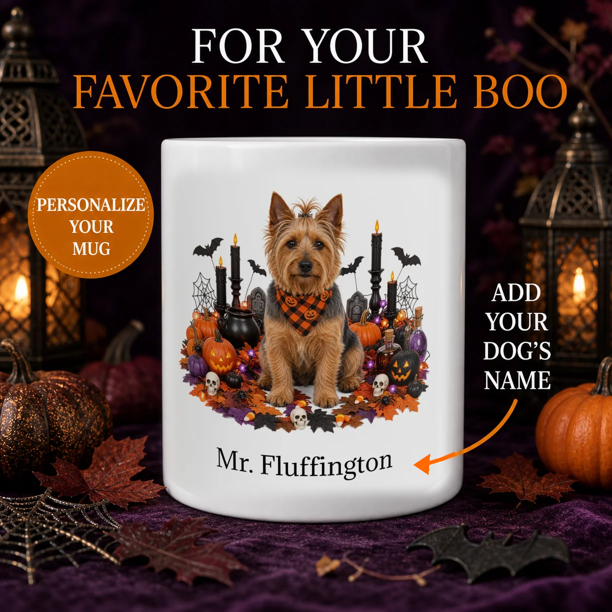 Personalized Australian Terrier Halloween mug with custom dog name, pumpkins, candles, and spooky fall design