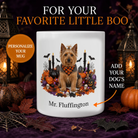 Personalized Australian Terrier Halloween mug with custom dog name, pumpkins, candles, and spooky fall design