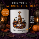 White Azawakh dog Halloween mug with custom pet name and spooky fall artwork — image 1