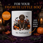 White Barbet dog Halloween mug with custom pet name and spooky fall artwork — image 1