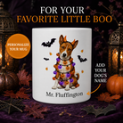 White Basenji dog Halloween mug with custom pet name and spooky fall artwork — image 1