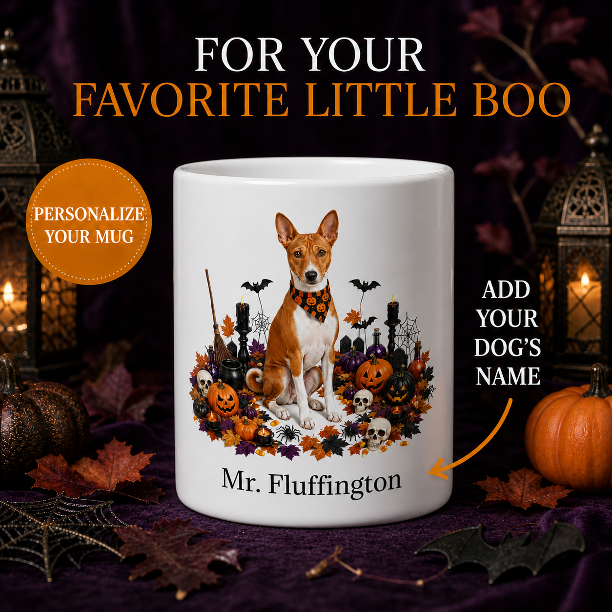 Personalized Basenji Halloween Mug – Custom Dog Name Gift promotional hero showing personalized dog mug