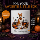 White Basenji dog Halloween mug with custom pet name and spooky fall artwork — image 1