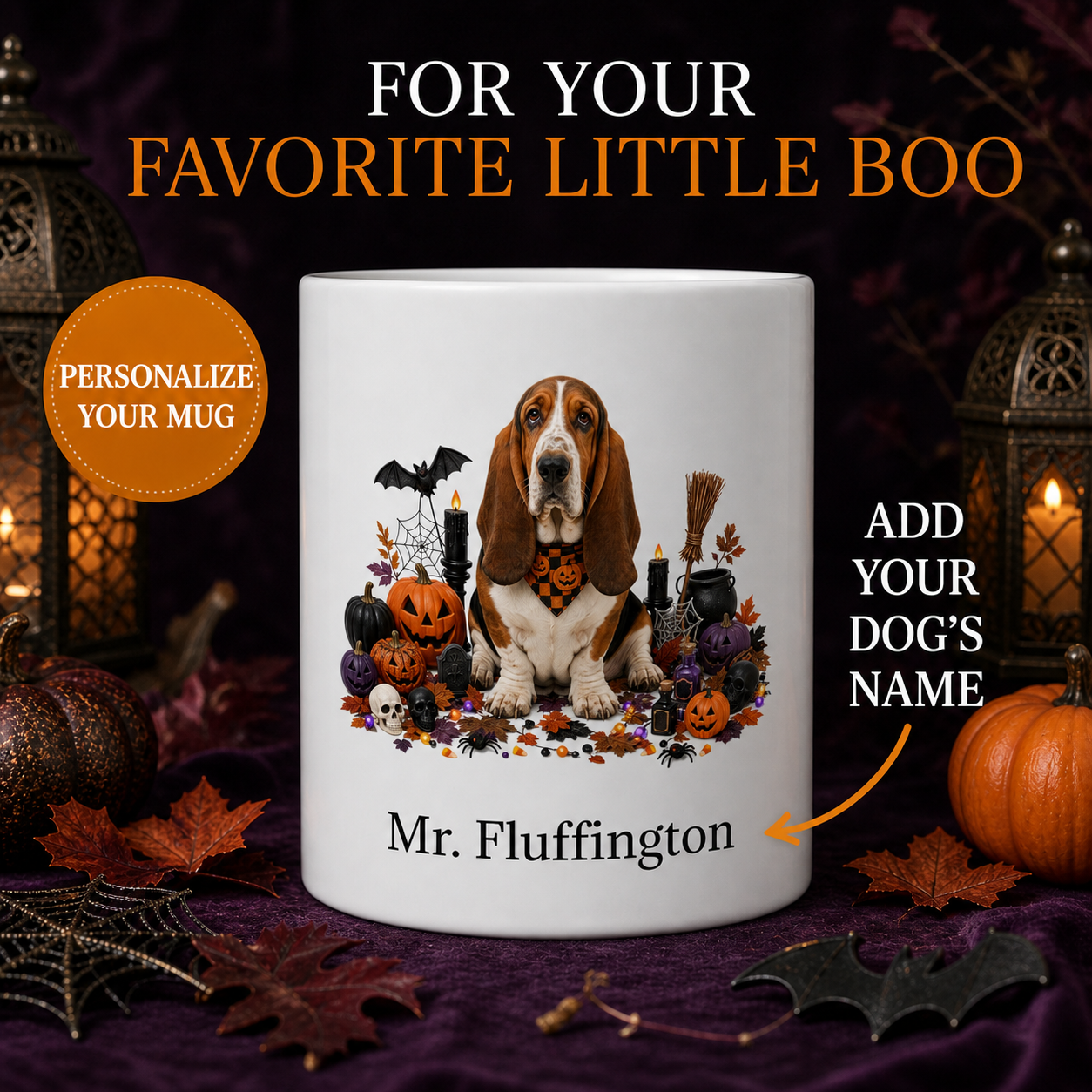 White Basset Hound dog Halloween mug with custom pet name and spooky fall artwork — image 1