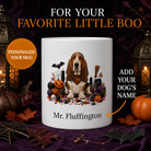 White Basset Hound dog Halloween mug with custom pet name and spooky fall artwork — image 1