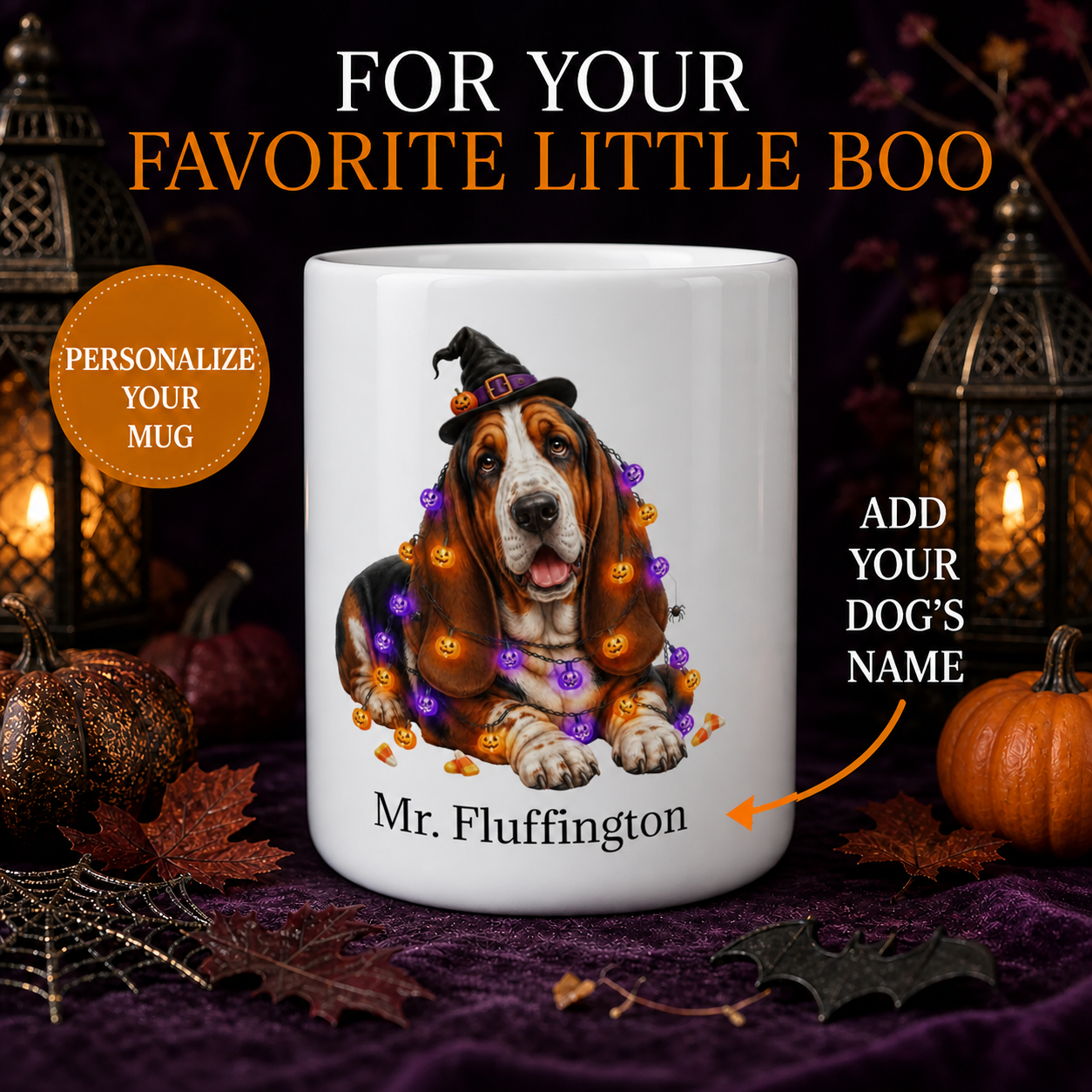 Basset Hound Halloween Mug with custom dog name in a premium Halloween lantern and pumpkin display
