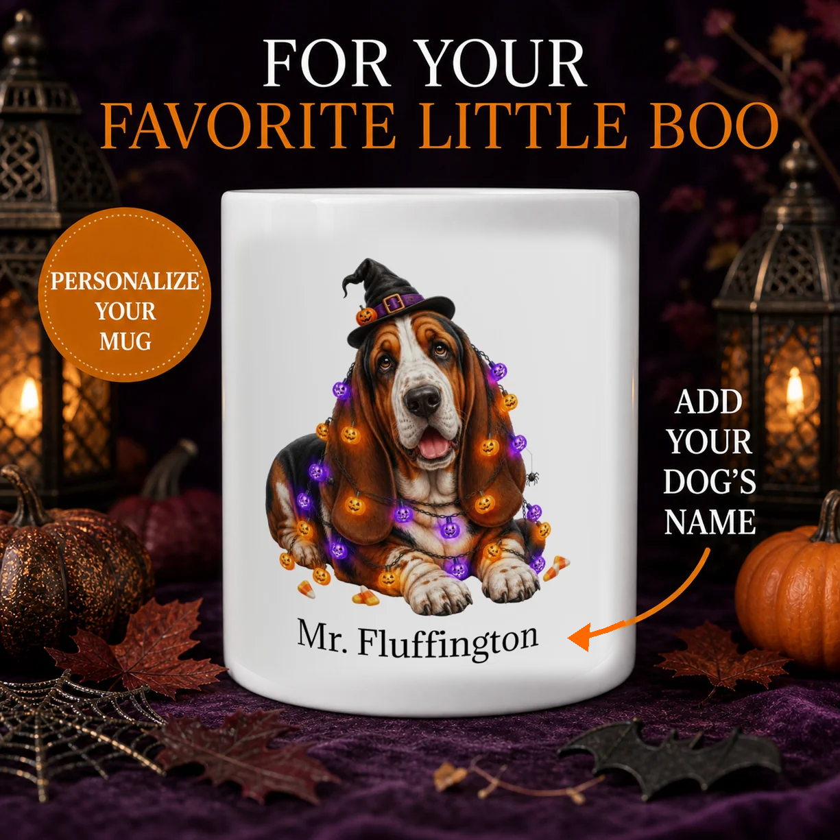 Personalized Basset Hound Halloween mug with custom dog name and spooky fall design