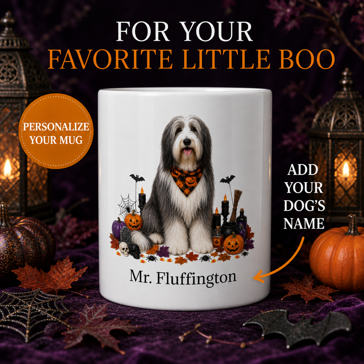 White Bearded Collie dog Halloween mug with custom pet name and spooky fall artwork — image 1