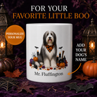 White Bearded Collie dog Halloween mug with custom pet name and spooky fall artwork — image 1