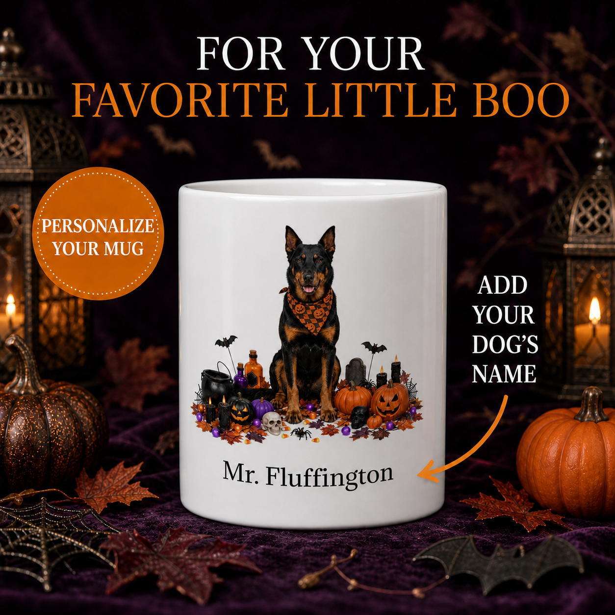 Personalized Beauceron Halloween Mug – Custom Dog Name Gift seamless personalized Halloween dog mug hero