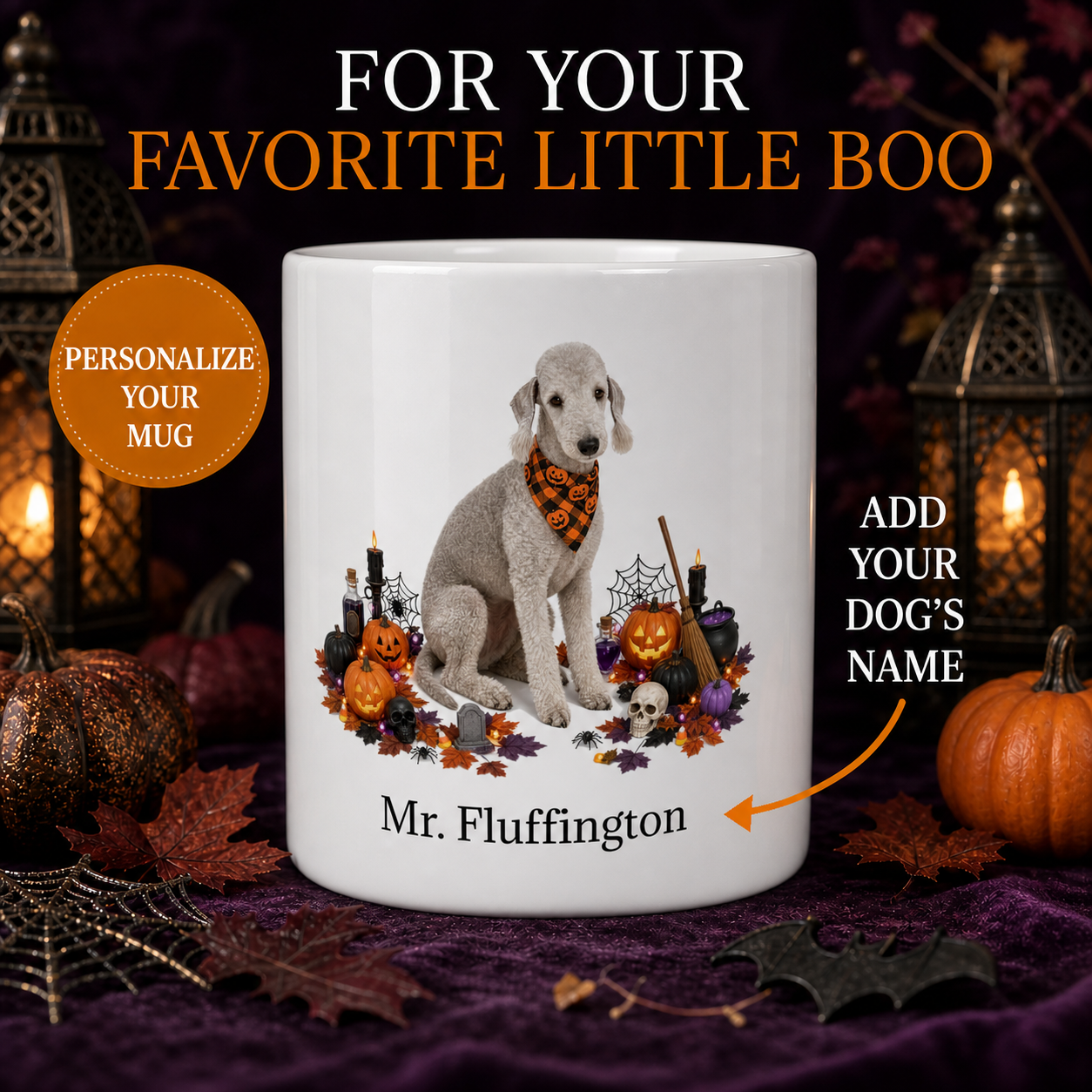 Personalized Bedlington Terrier Halloween Mug – Custom Dog Name Gift seamless personalized Halloween dog mug hero