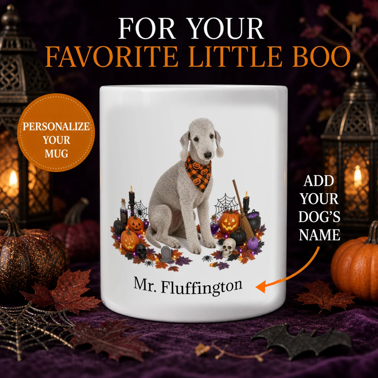Personalized Bedlington Terrier Halloween mug with custom dog name, pumpkins, and spooky fall design