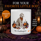 Personalized Bedlington Terrier Halloween mug with custom dog name, pumpkins, and spooky fall design