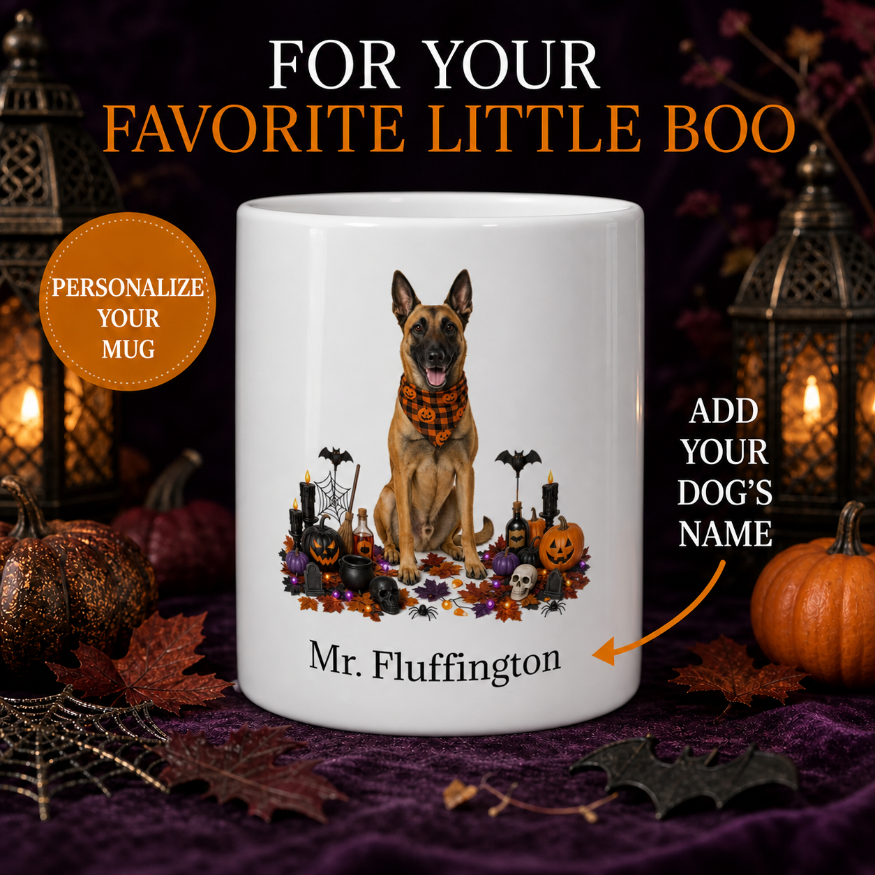 Personalized Belgian Malinois Halloween Mug – Custom Dog Name Gift seamless personalized Halloween dog mug hero