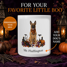 Personalized Belgian Malinois Halloween mug with custom dog name, pumpkins, and spooky fall design