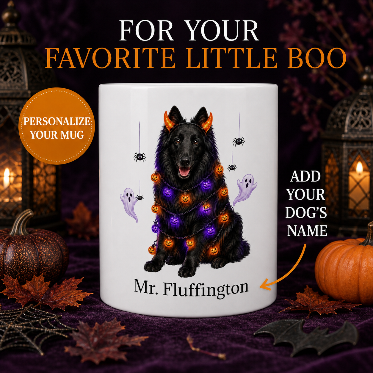 White Belgian Sheep dog Halloween mug with custom pet name and spooky fall artwork — image 1