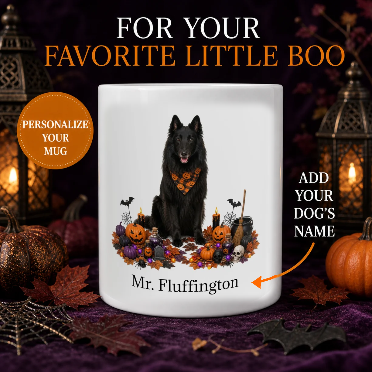 Personalized Belgian Sheepdog Halloween mug with custom dog name, pumpkins, and spooky fall design