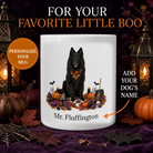Personalized Belgian Sheepdog Halloween mug with custom dog name, pumpkins, and spooky fall design