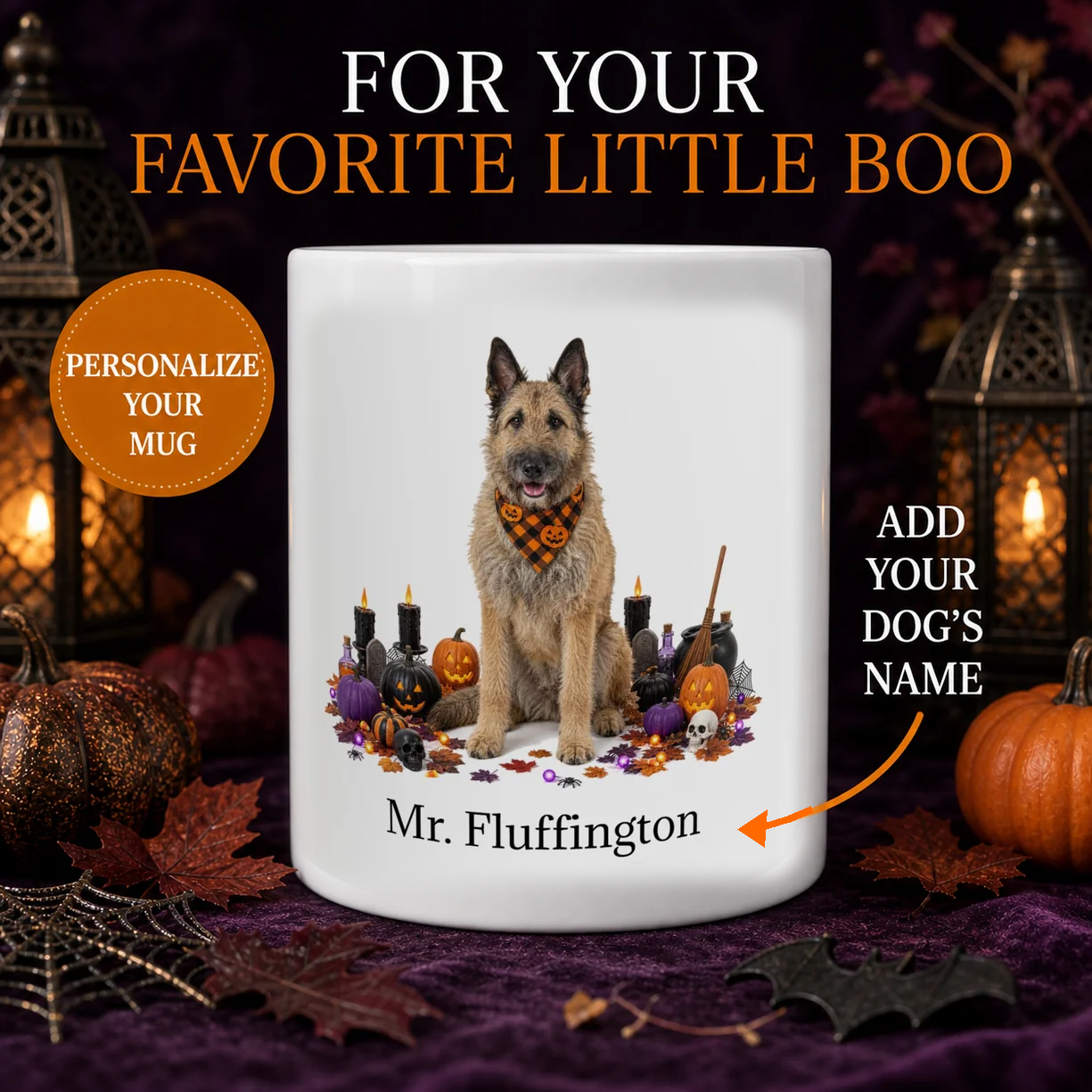 Personalized Belgian Shepherd Laekenois Halloween mug with custom dog name and spooky fall design