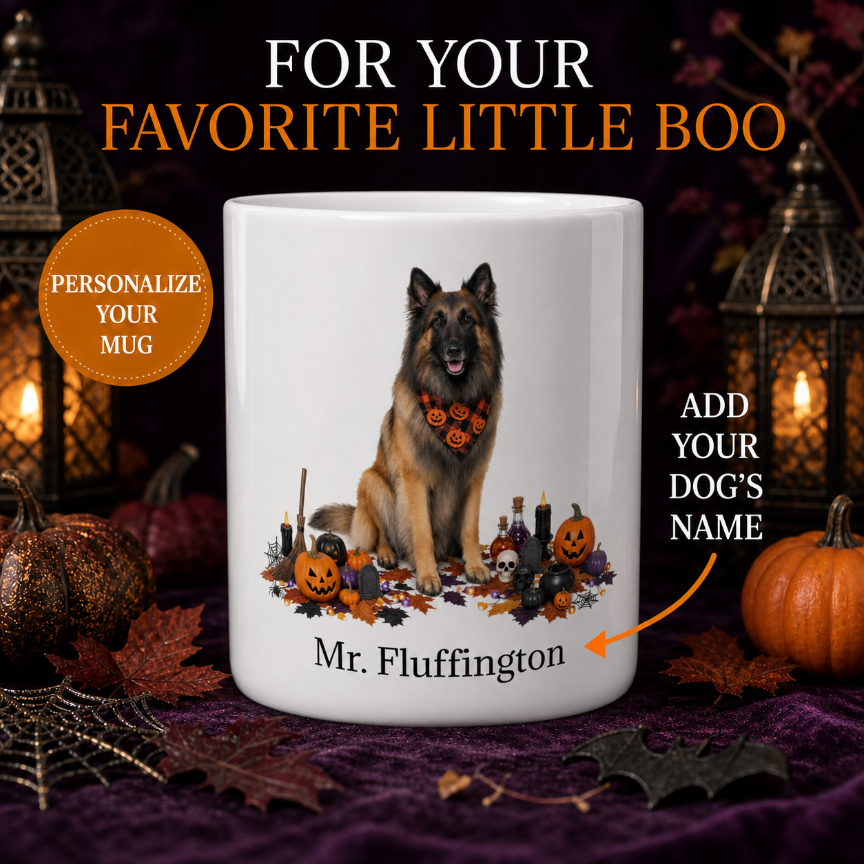Personalized Belgian Tervuren Halloween Mug – Custom Dog Name Gift seamless personalized Halloween dog mug hero