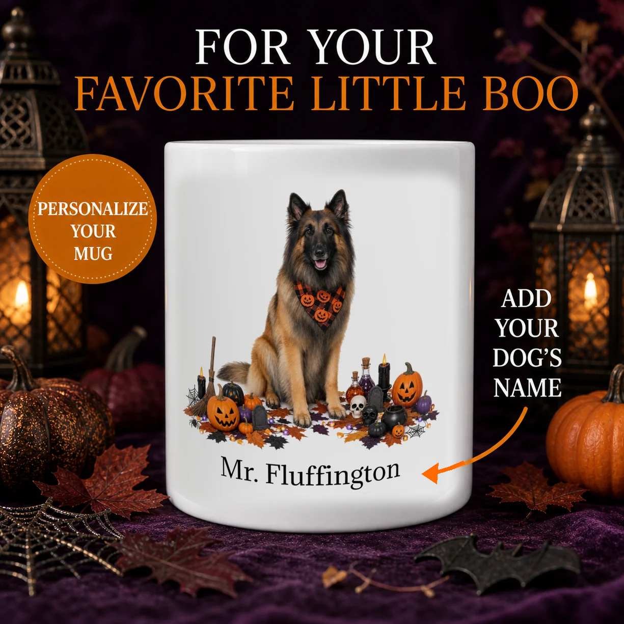 Personalized Belgian Tervuren Halloween mug with custom dog name, pumpkins, and spooky fall design