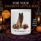 Personalized Belgian Tervuren Halloween mug with custom dog name, pumpkins, and spooky fall design